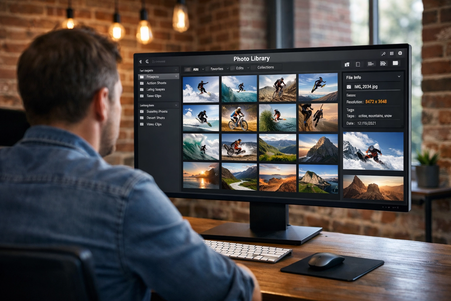 Creative professional using an automated digital media library for efficient brand asset management.