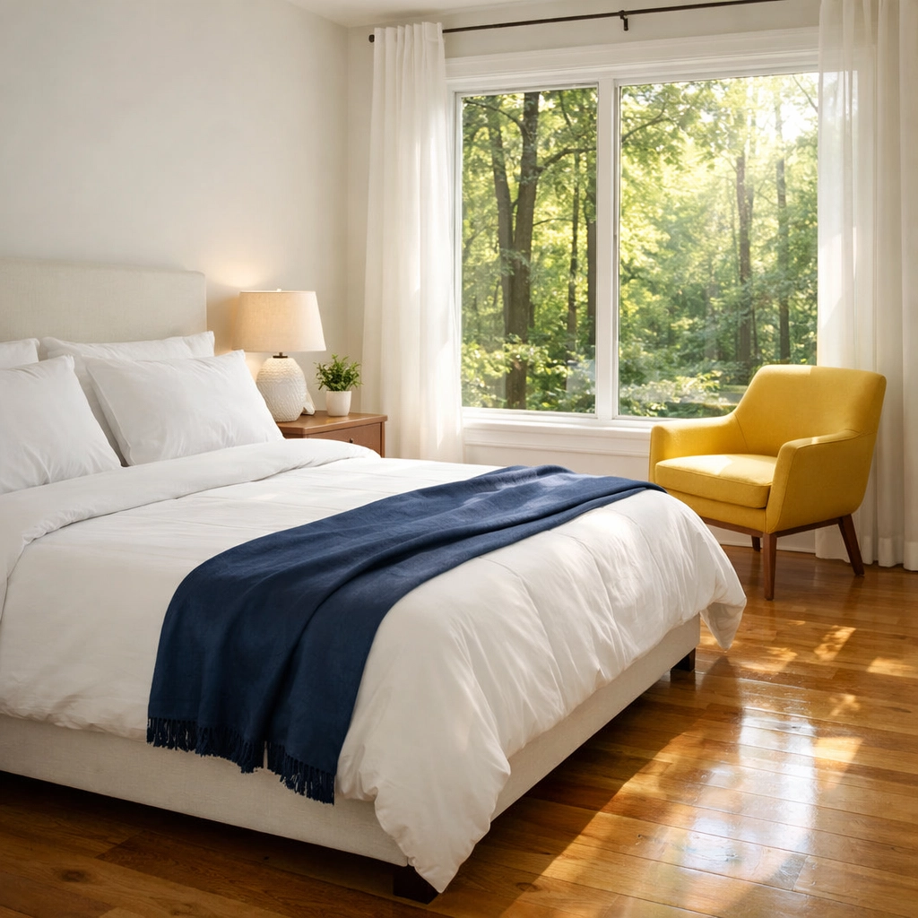 A serene, spotless bedroom in Concord reflecting the results of a premium eco-friendly luxury cleaning.