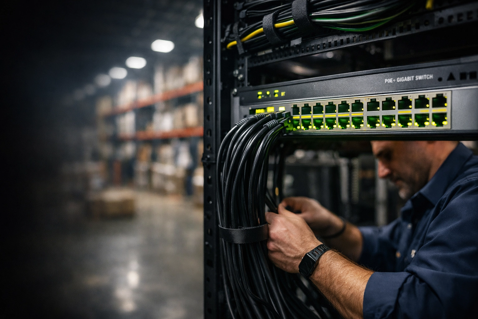 Technician managing a PoE network switch in a Midwest warehouse to prevent business security camera system failures.