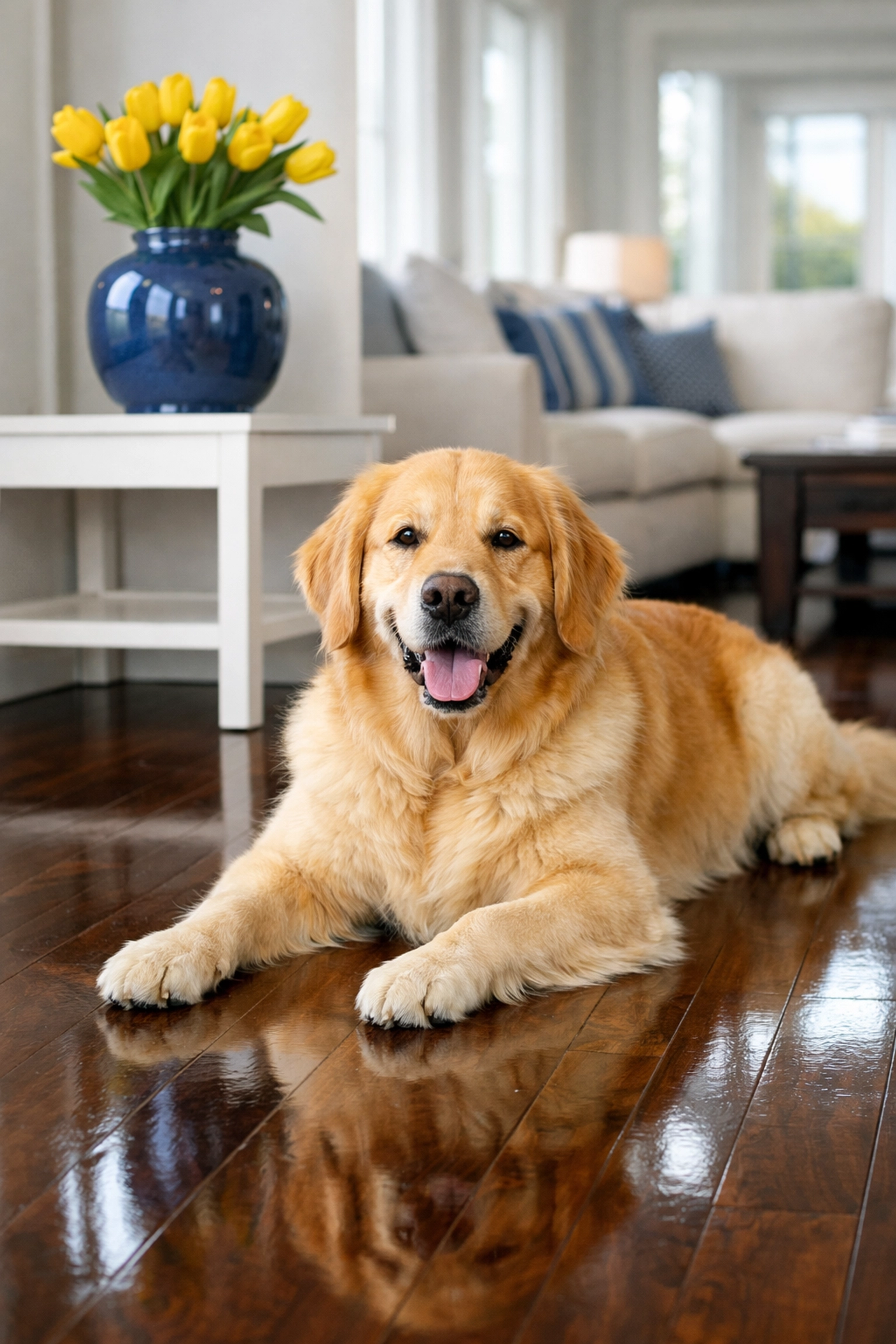 Happy dog on pet-safe dark wood floors in Marblehead cleaned with eco-friendly deep cleaning.