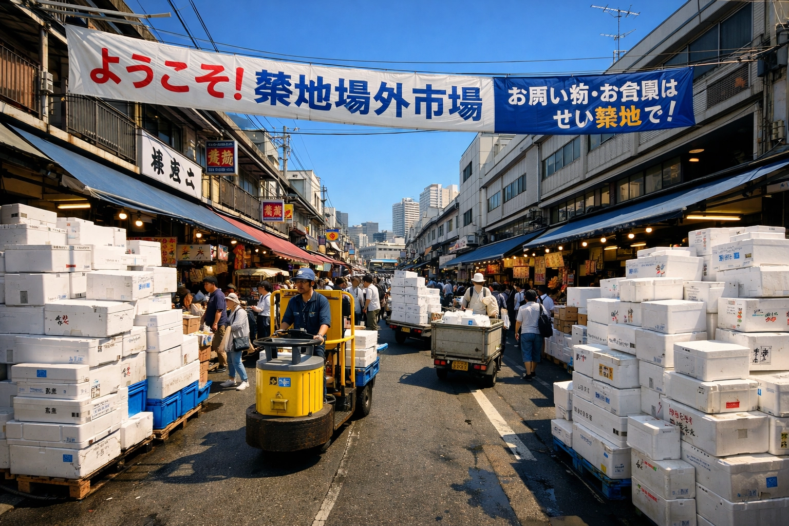The iconic main entrance and architecture of Tokyo’s busy Tsukiji Outer Market during the day.