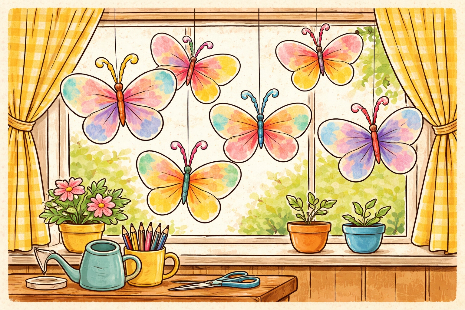 Bright coffee filter butterflies with pipe cleaner antennae hanging by a sunny window