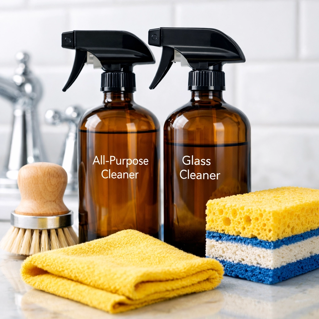 Eco-friendly cleaning supplies and microfiber cloths ready for a professional move-in cleaning in Framingham.