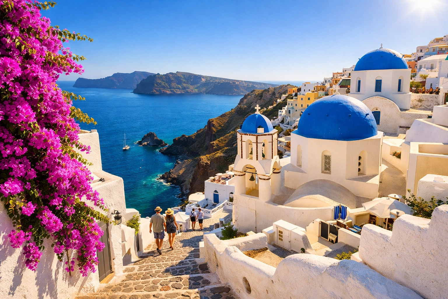 Quiet Santorini streets and white buildings in September showing fewer tourists and golden sunlight