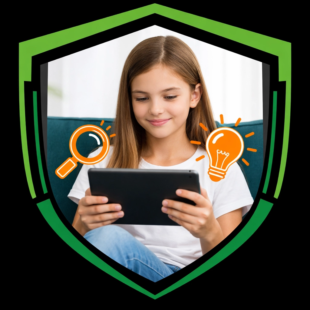 A girl using a tablet safely, representing digital discernment and life skills training for modern kids.