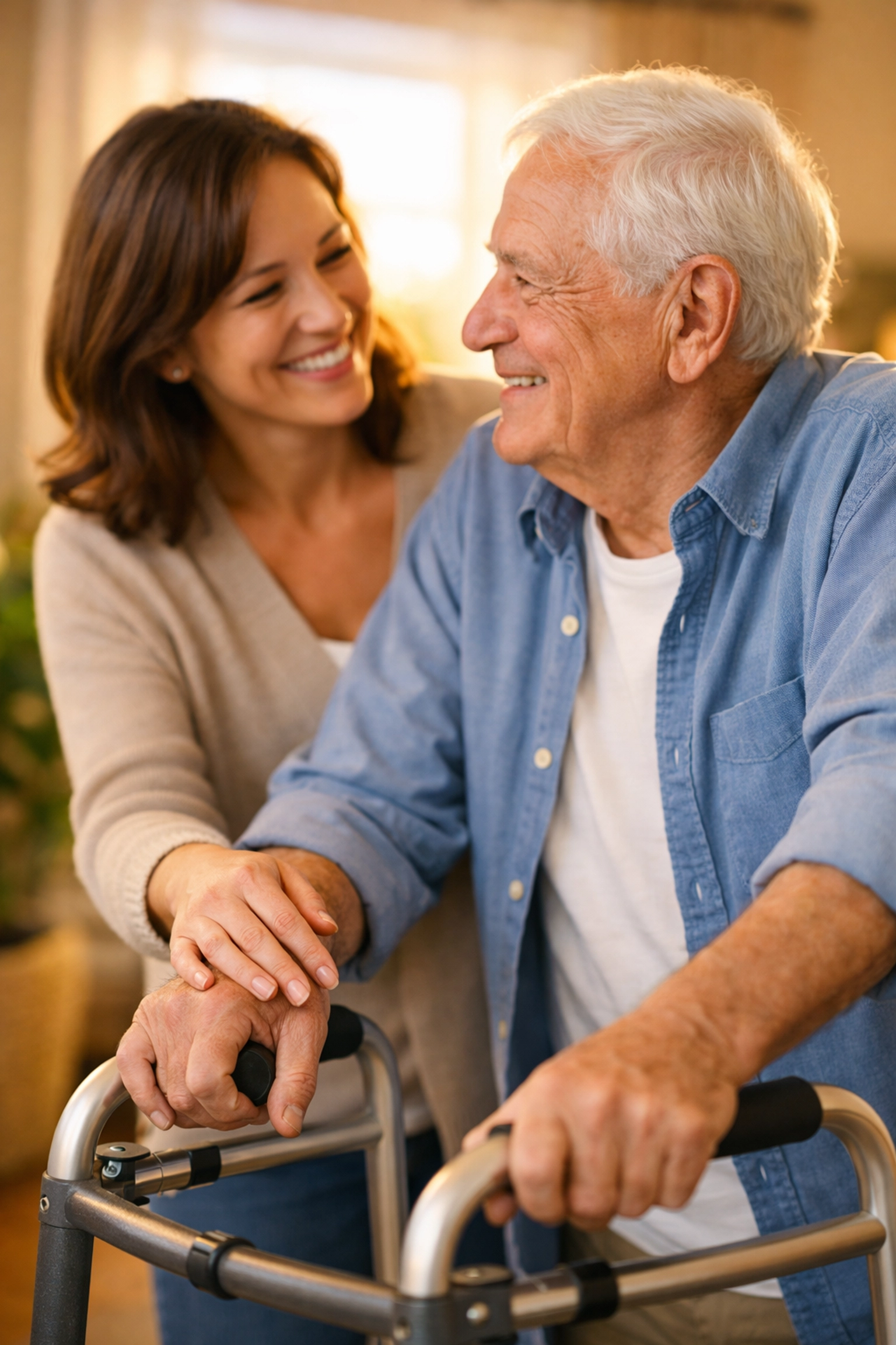 Caregiver providing support to a senior man using a walker for safe home mobility.