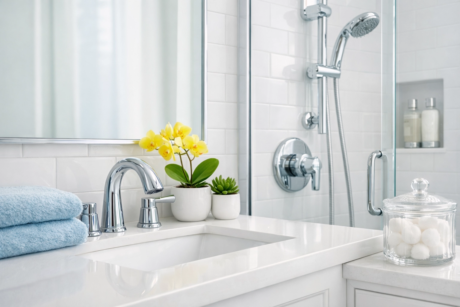 Sparkling bathroom with white tiles and blue towels following an eco-friendly deep cleaning Worcester session.