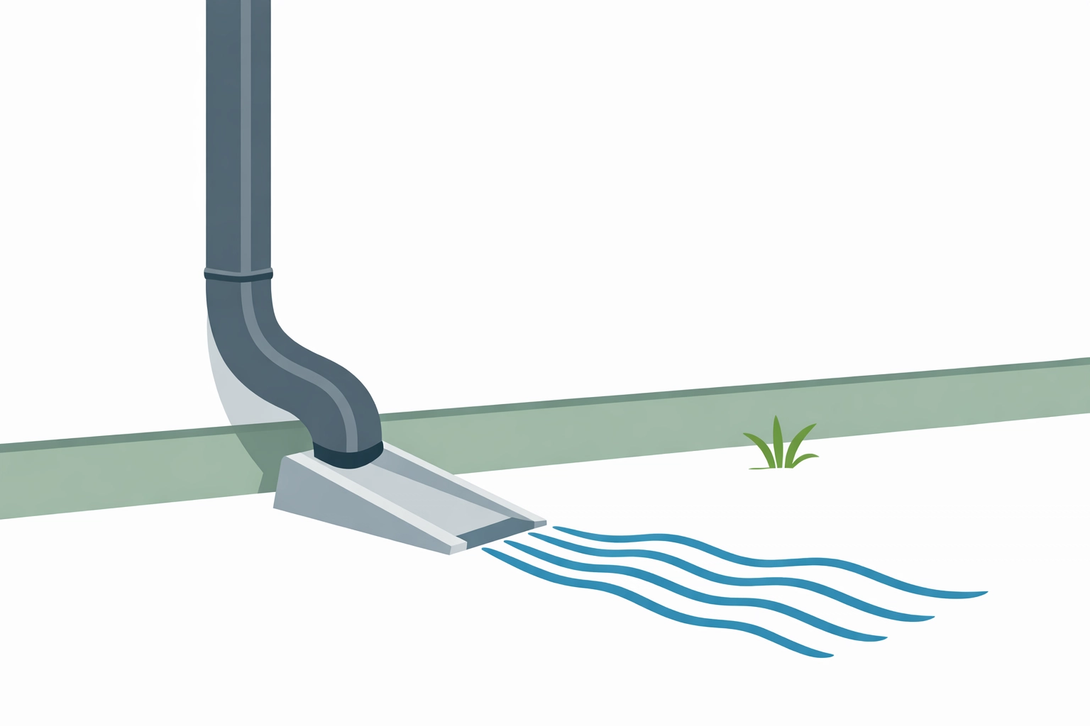 Gutter downspout and splash block directing rainwater away from a house foundation.