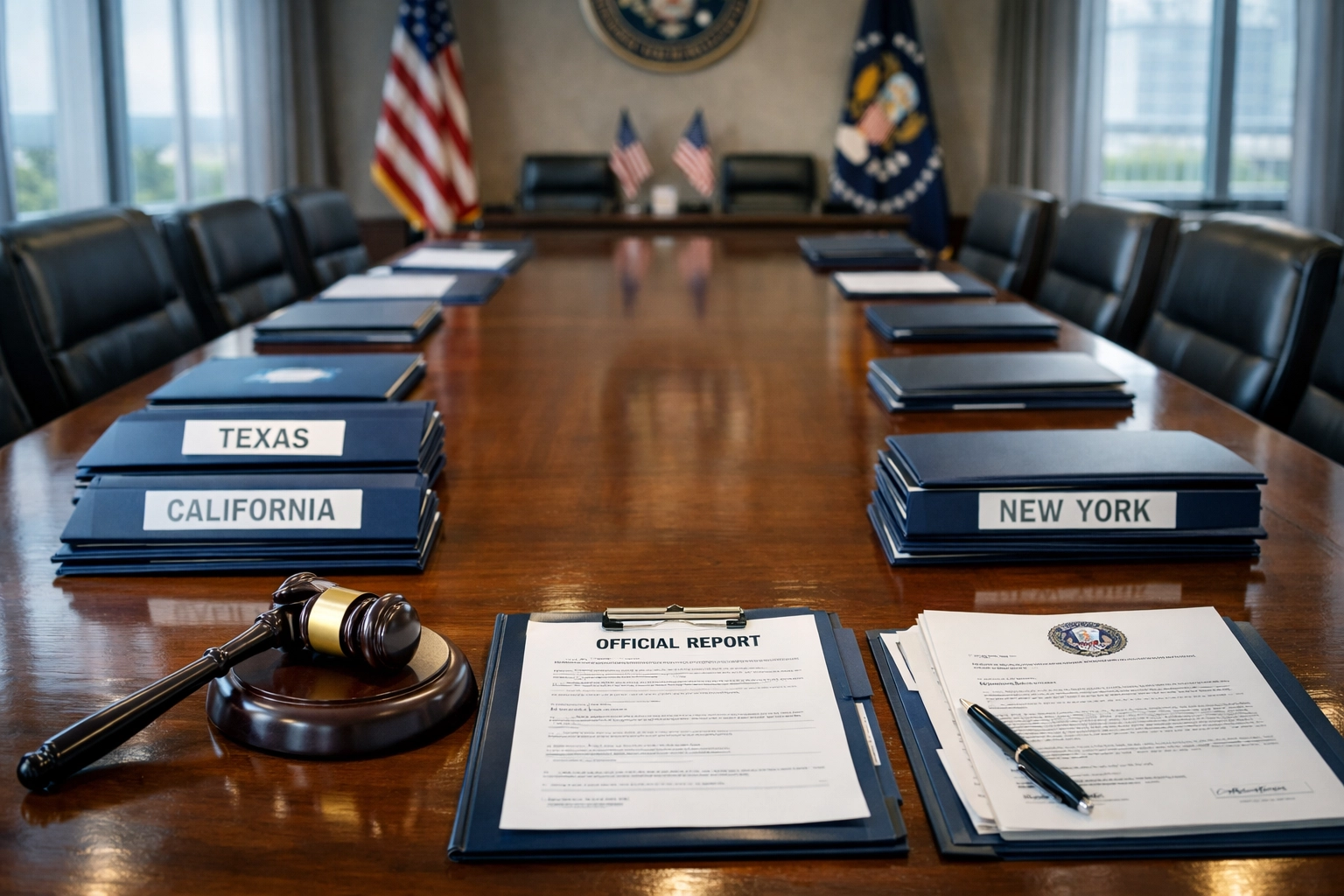 State regulatory conference room with government oversight of health insurance AI regulations