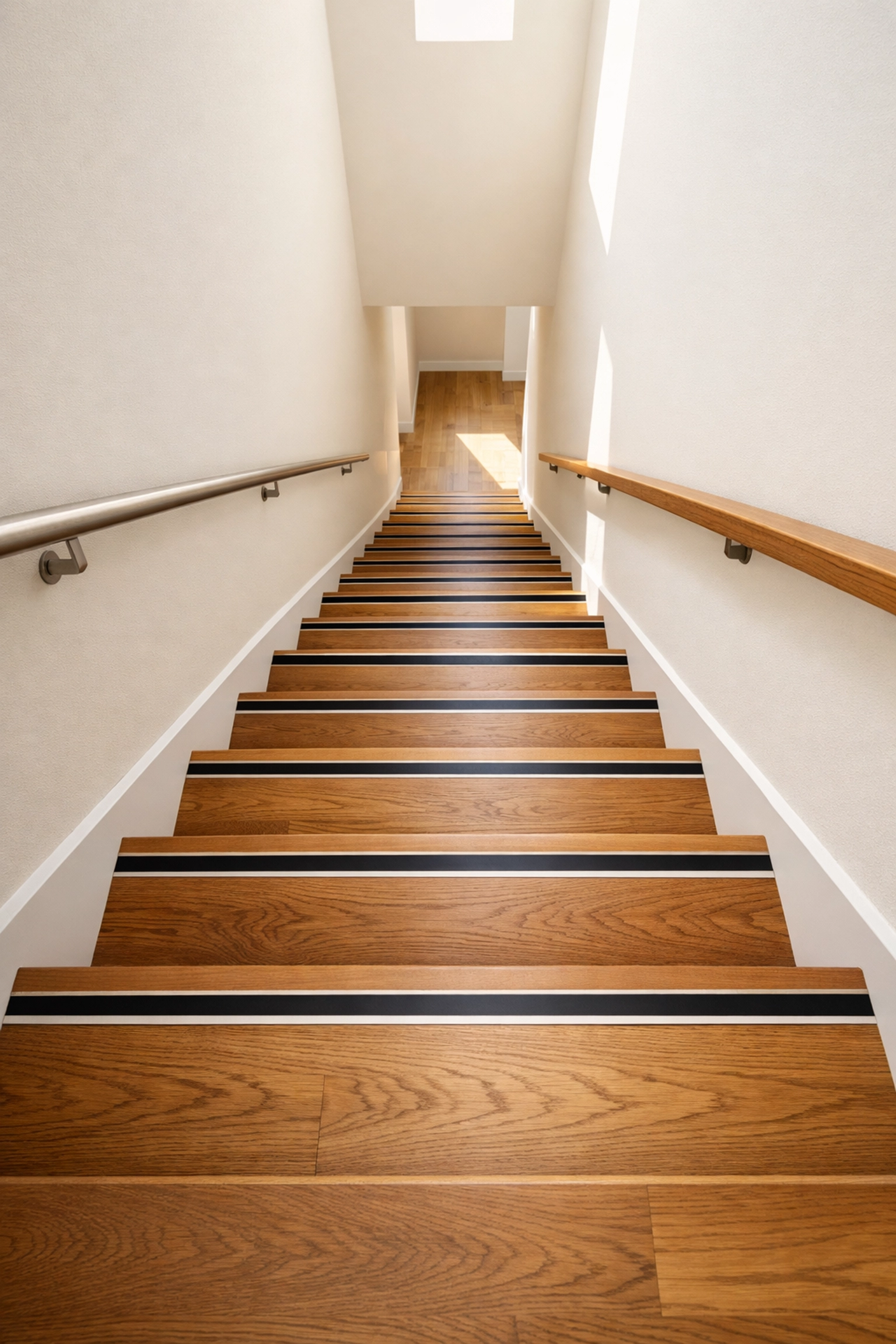 High-contrast safety strips on wooden stair edges to improve depth perception and prevent trips.