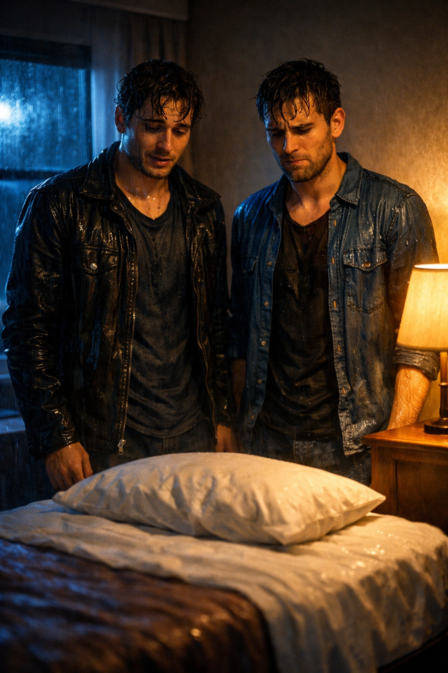 Two wet men staring at a single hotel bed, illustrating the forced proximity trope in MM romance.