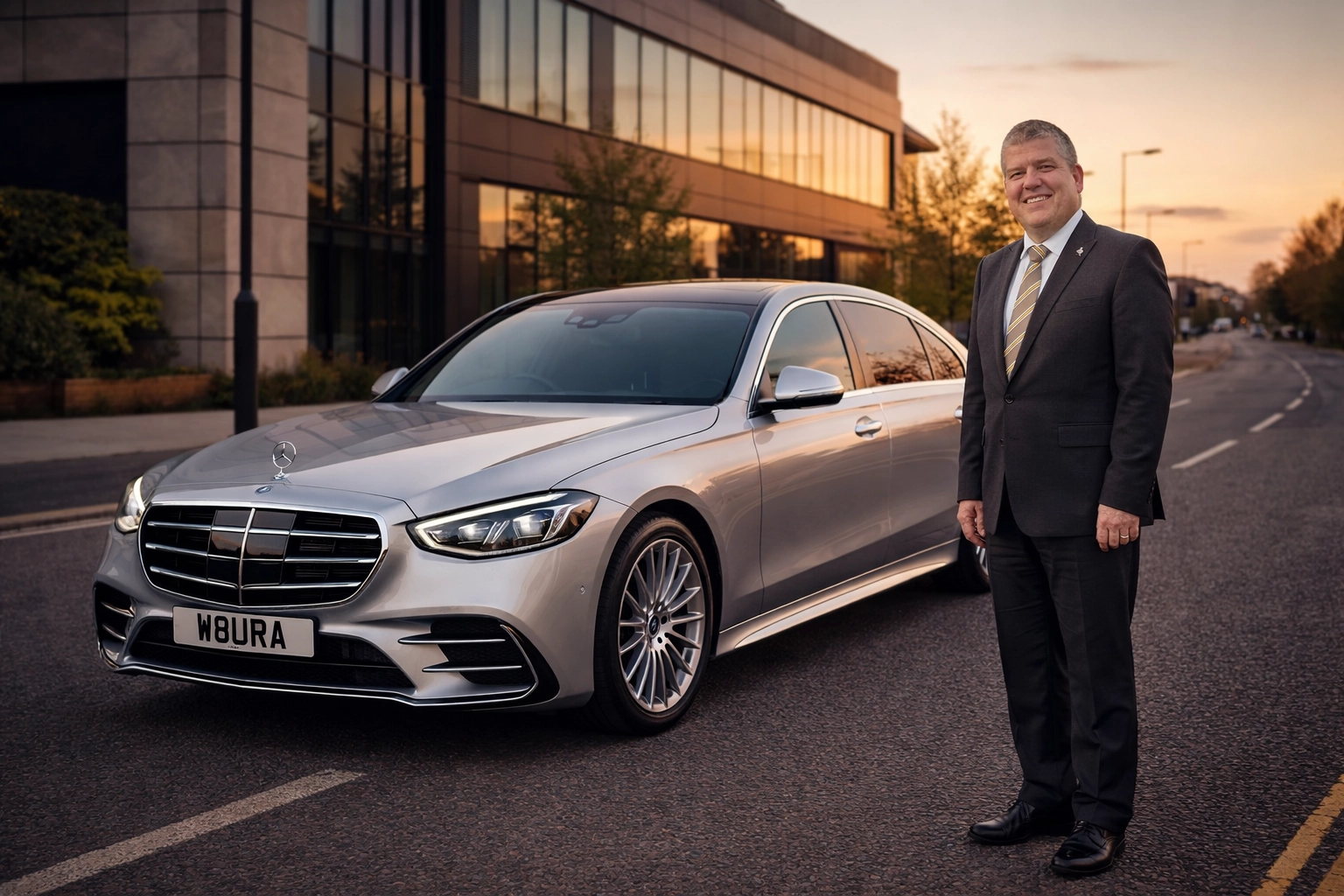 Silver Mercedes-Benz S-Class W223 (W8URA) with chauffeur in official tie on a Nottingham road, doors closed.