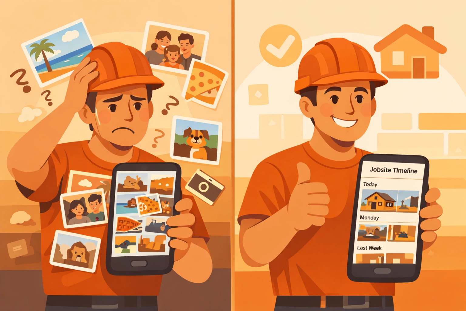 Comparison of disorganized phone gallery versus organized contractor photo app interface