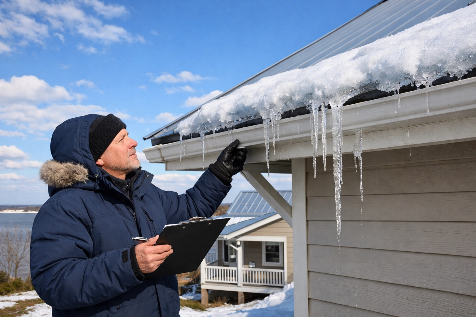 Homeowner inspecting roof ice dams and storm damage after winter freeze in coastal North Carolina