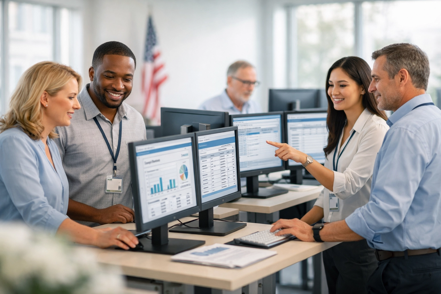 USA-based medical billing specialists working in modern office with multiple monitors