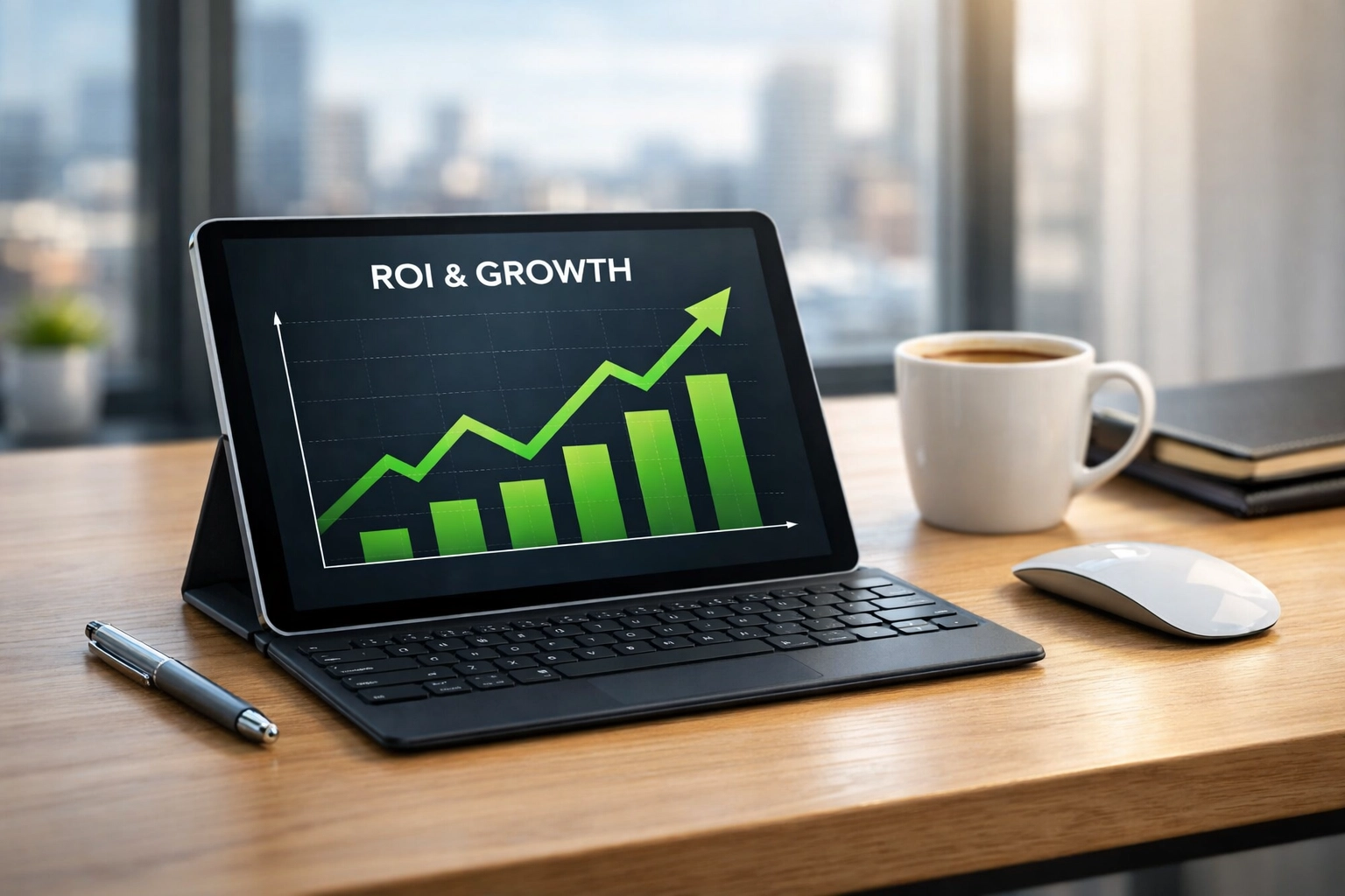 Modern workspace with a tablet showing a rising growth chart and marketing ROI results.