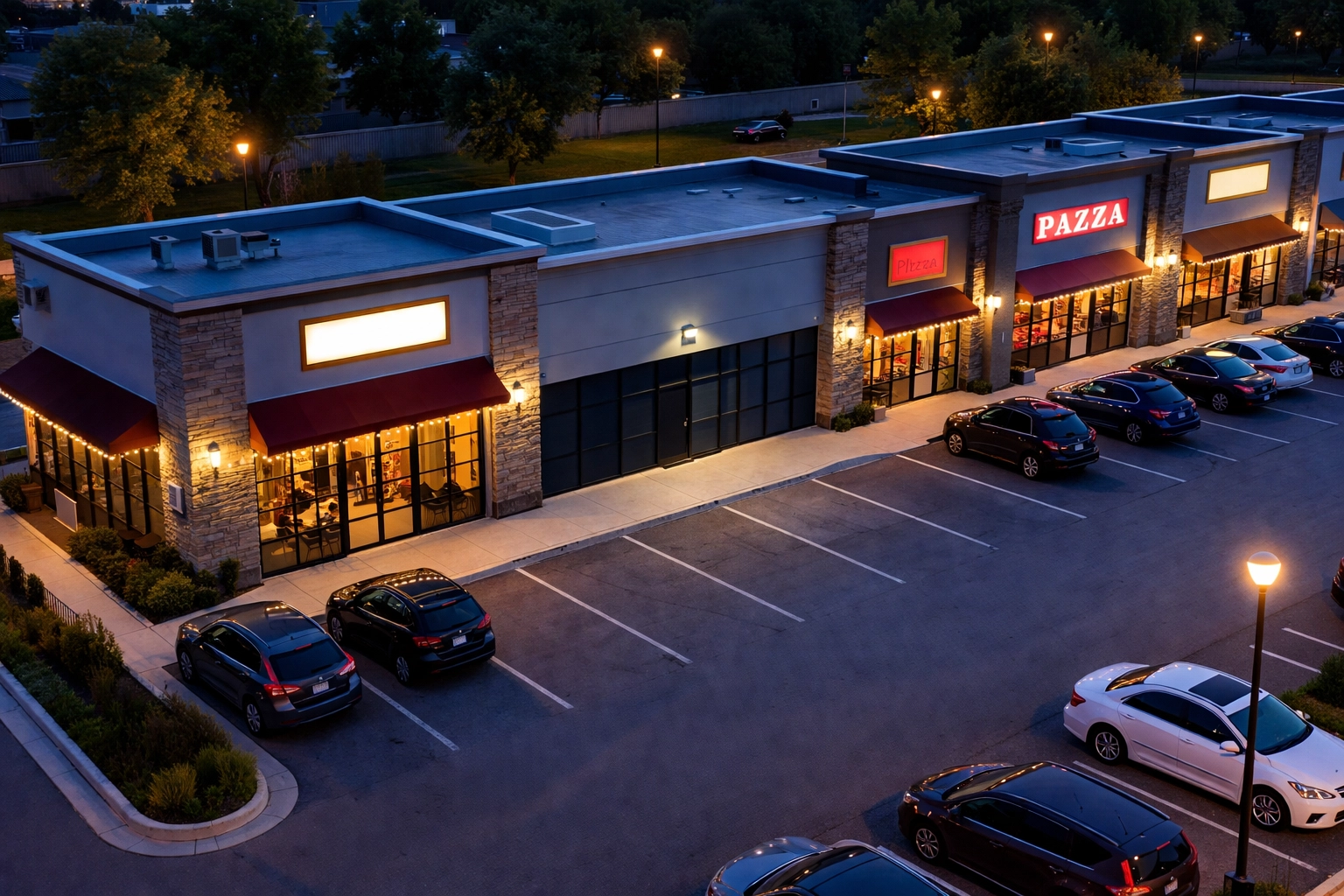 Aerial view of a strip mall with closed and thriving restaurants, showing strategic restaurant closures for profitability