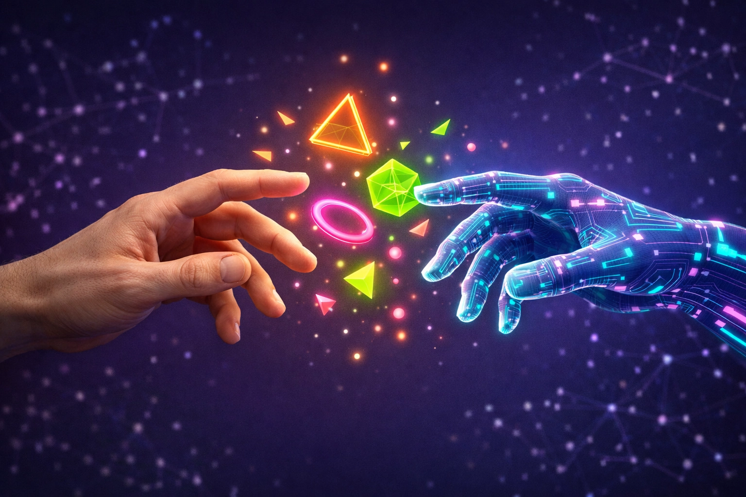 Human hand reaching toward digital hand representing AI versus real human connection