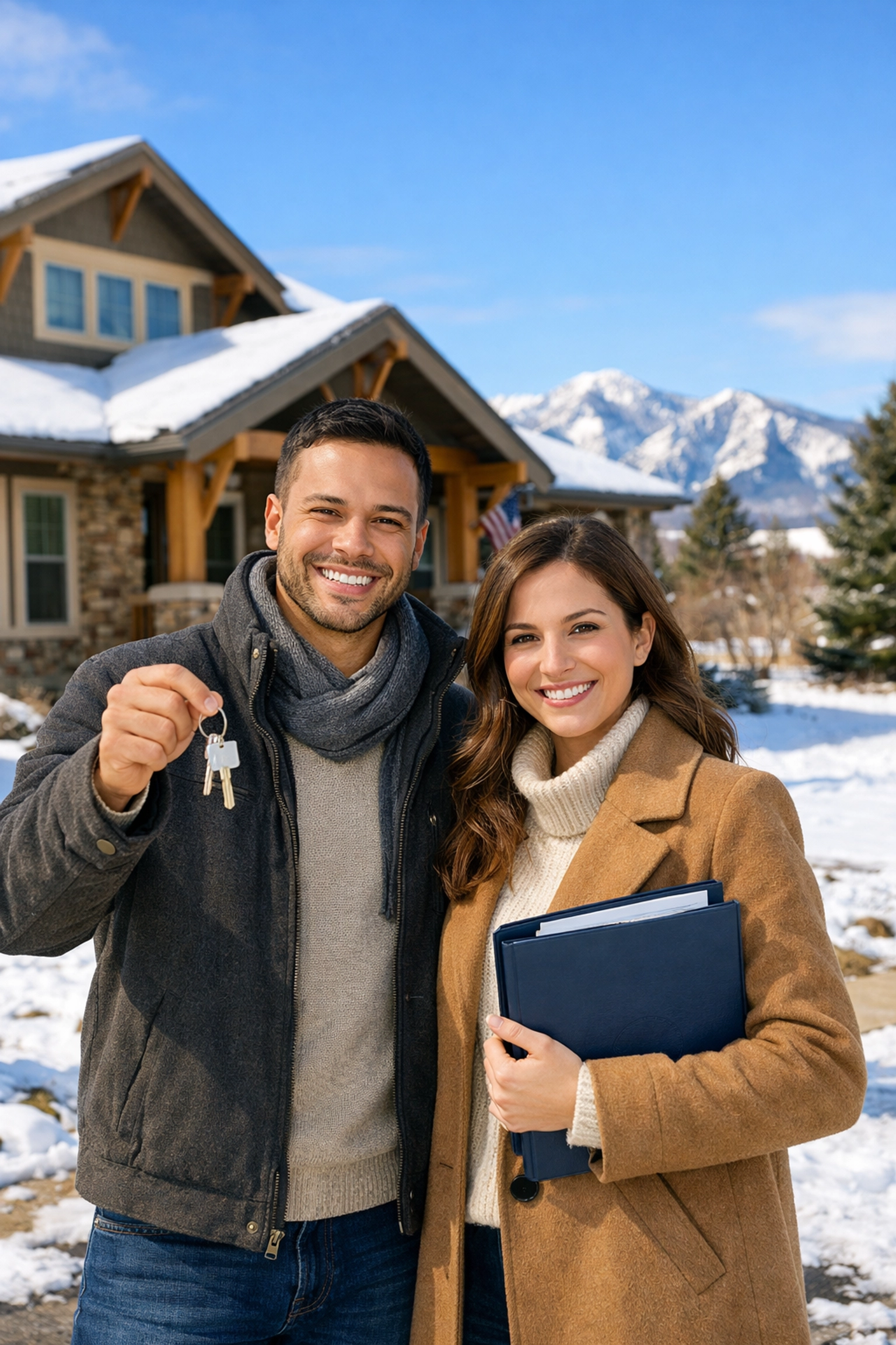 Motivated home buyers holding keys in front of Colorado home in February