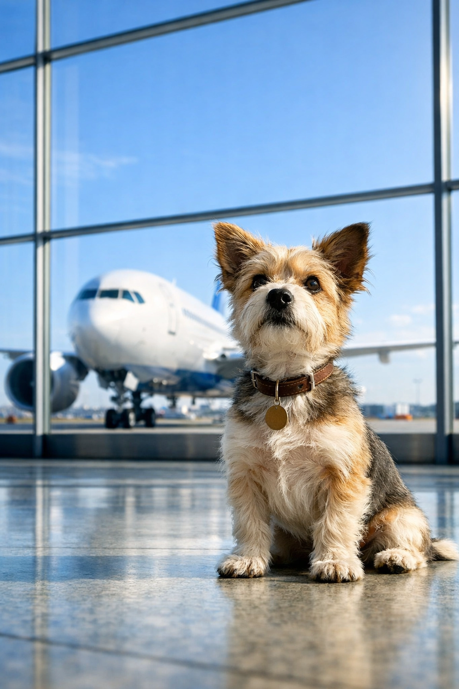 Small dog in an airport terminal looking at a plane, ready for international travel.