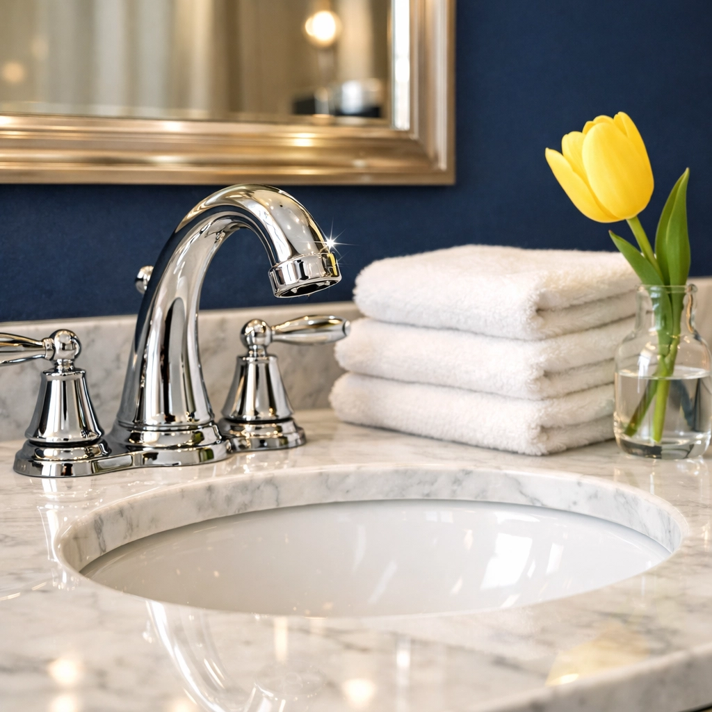 Detail of a sparkling clean marble vanity from a luxury house cleaning Ashby MA service.