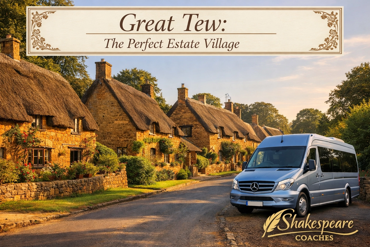 Golden ironstone cottages with thatched roofs on the main street of Great Tew village.