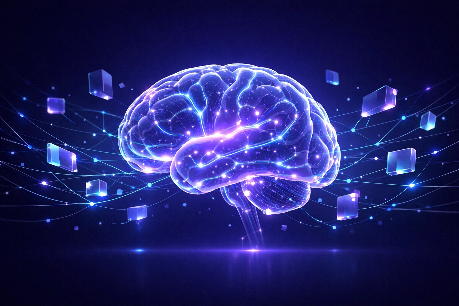 Glow digital brain and neural network illustrating AI search engine optimization for small businesses.