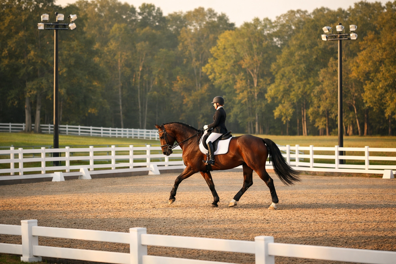 Professional riding arena with fencing at North Carolina horse farm during training session