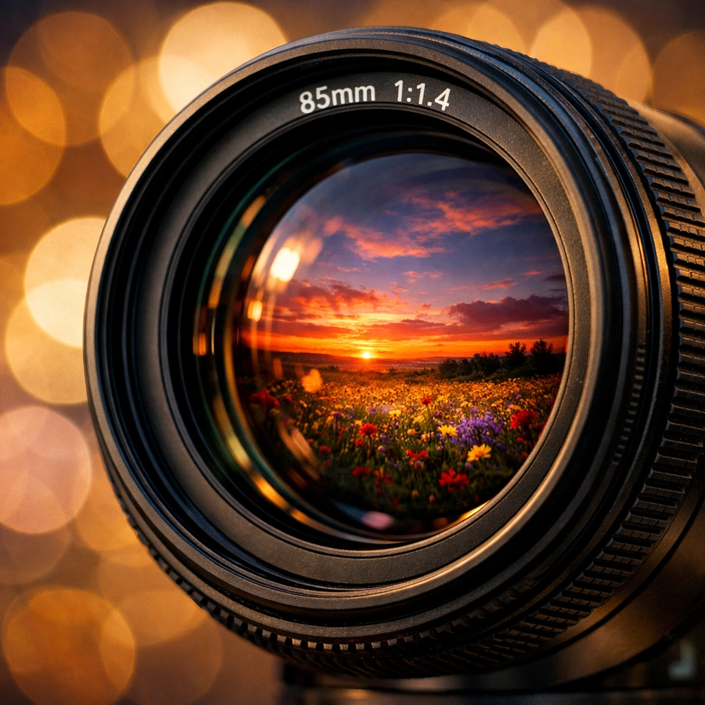 Close-up of a camera lens with soft bokeh highlighting aperture control in manual mode.