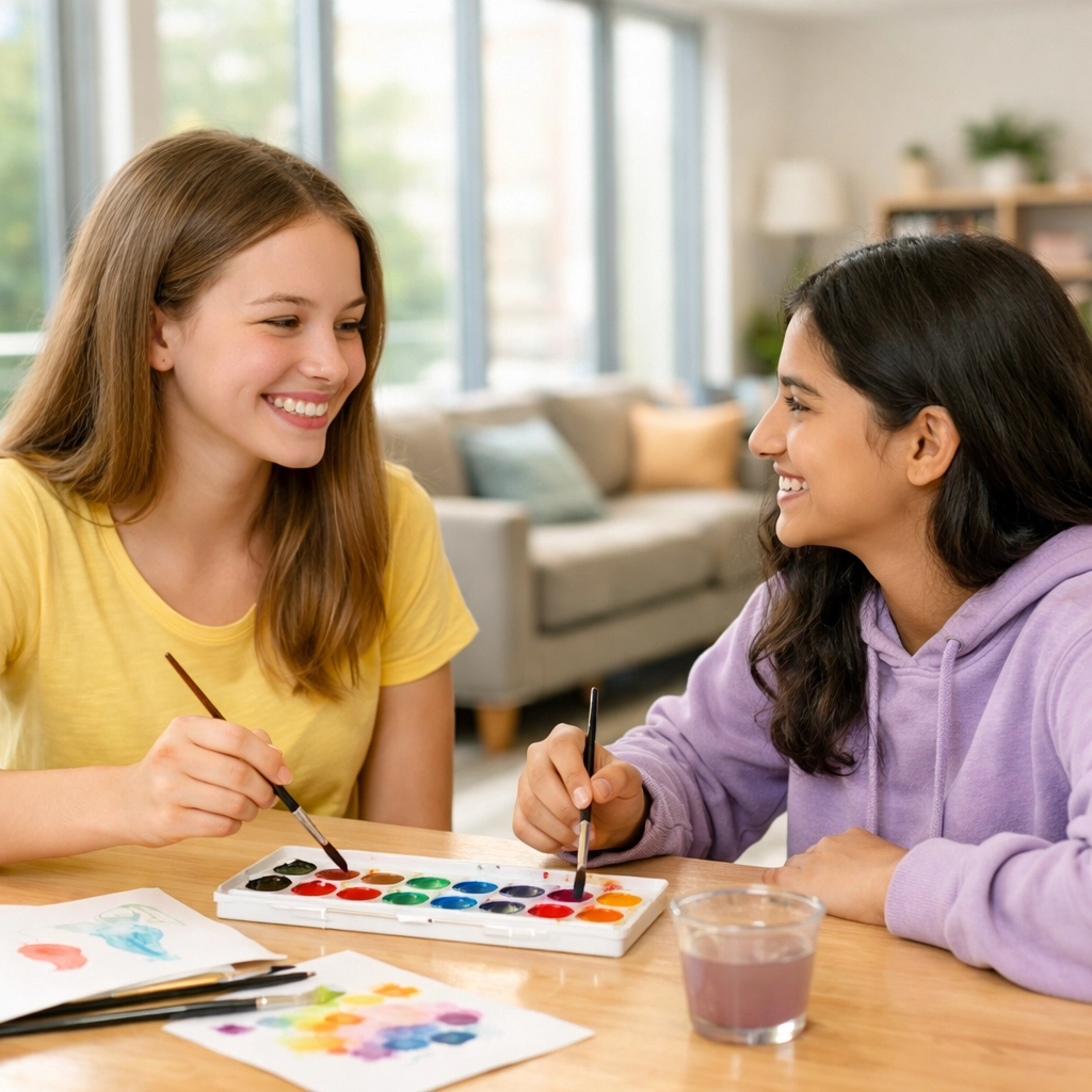 Two teenage girls painting together at a teen residential treatment center, sharing a moment of peer support.