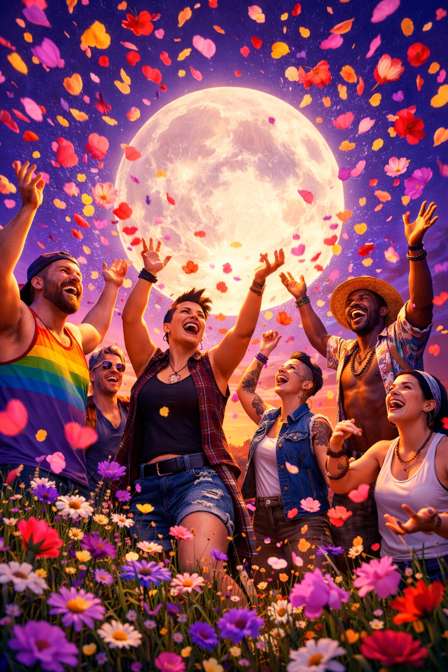 A diverse queer community celebrates the summer solstice in a field of wildflowers under a full moon.