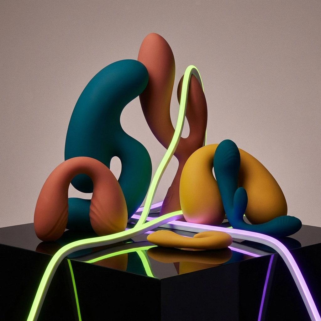 Artistic display of colorful silicone objects representing pleasure-positive sexual health and toy safety.