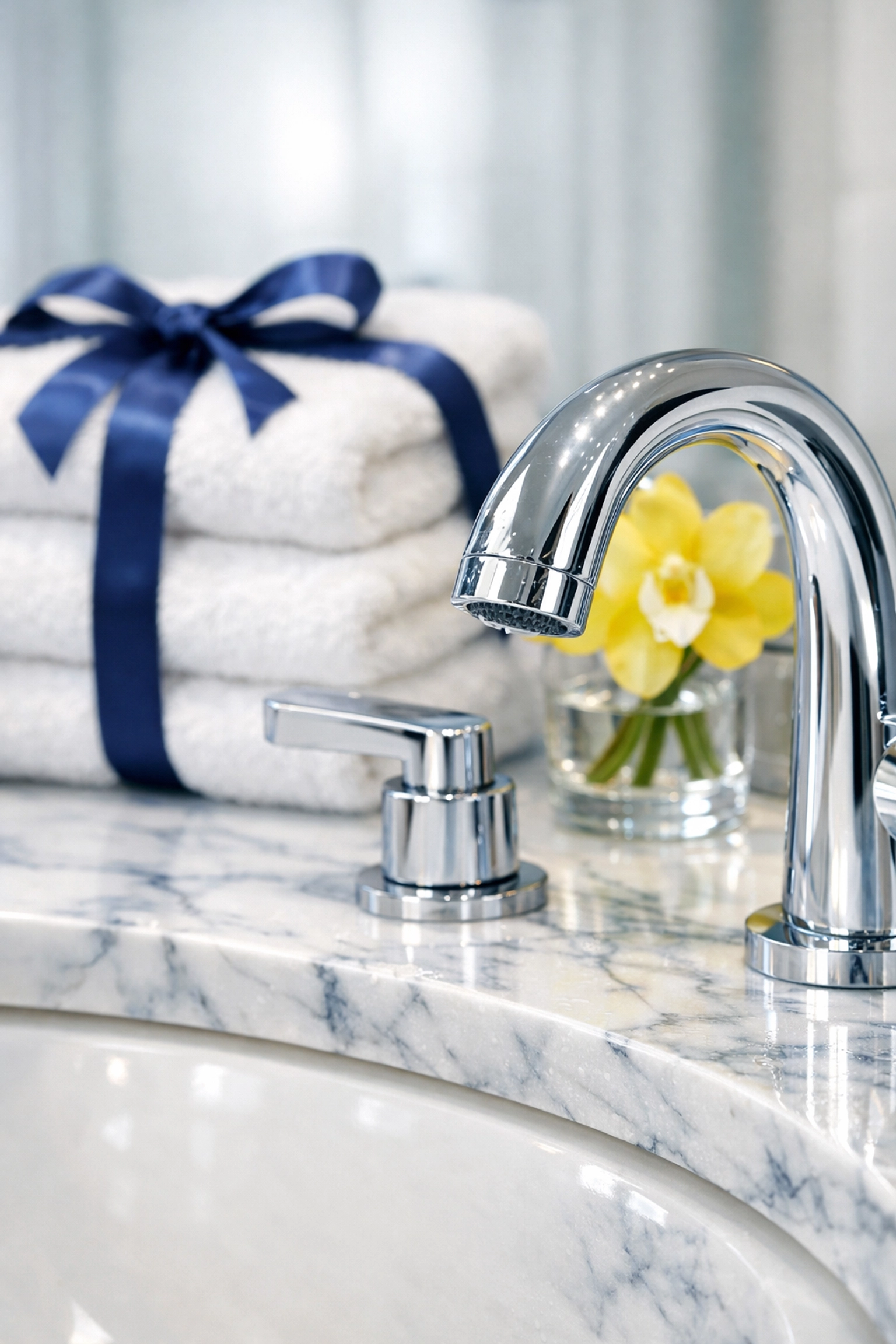 Detailed deep cleaning of a master bathroom vanity and marble surfaces by a professional cleaner in Lowell.