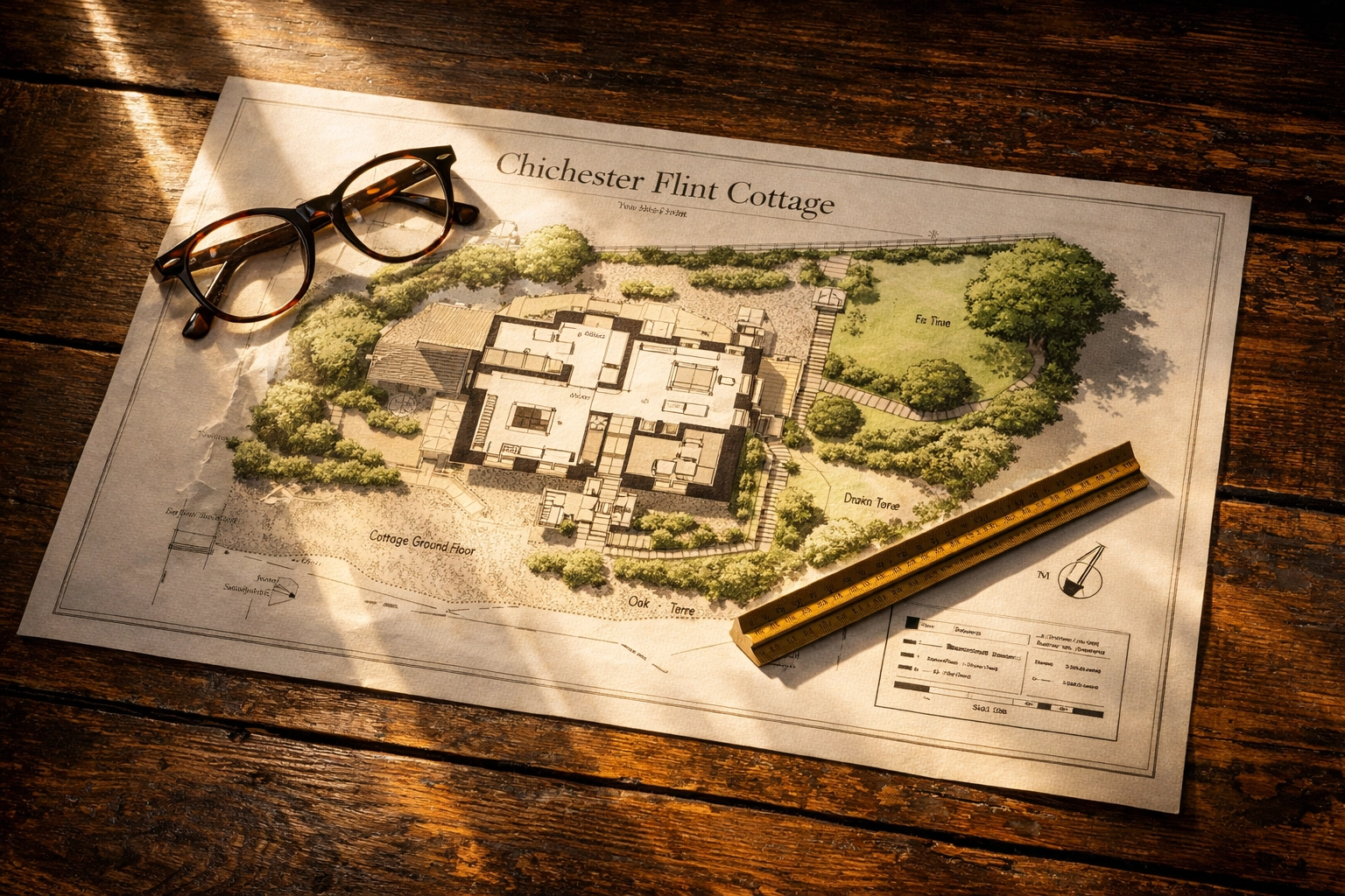 Architectural site plans for a Chichester flint cottage renovation on a wooden desk.