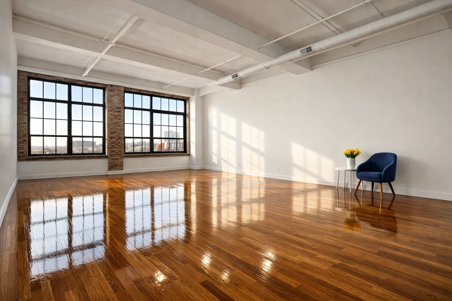 Polished hardwood floors in an empty Worcester apartment after a professional move-out cleaning.