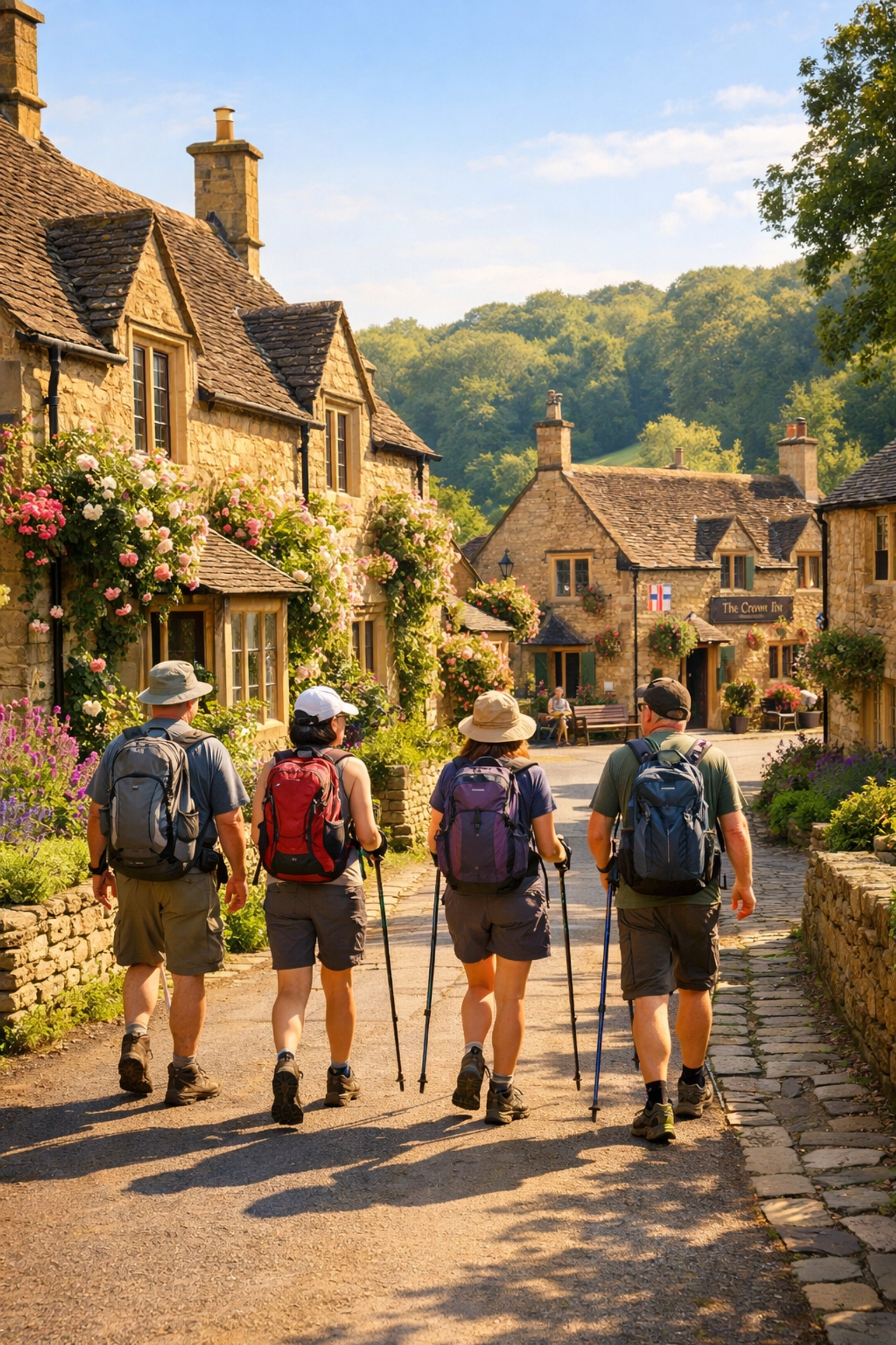 Hikers walking past honey-colored stone cottages in a Cotswold village during a guided walking tour UK.