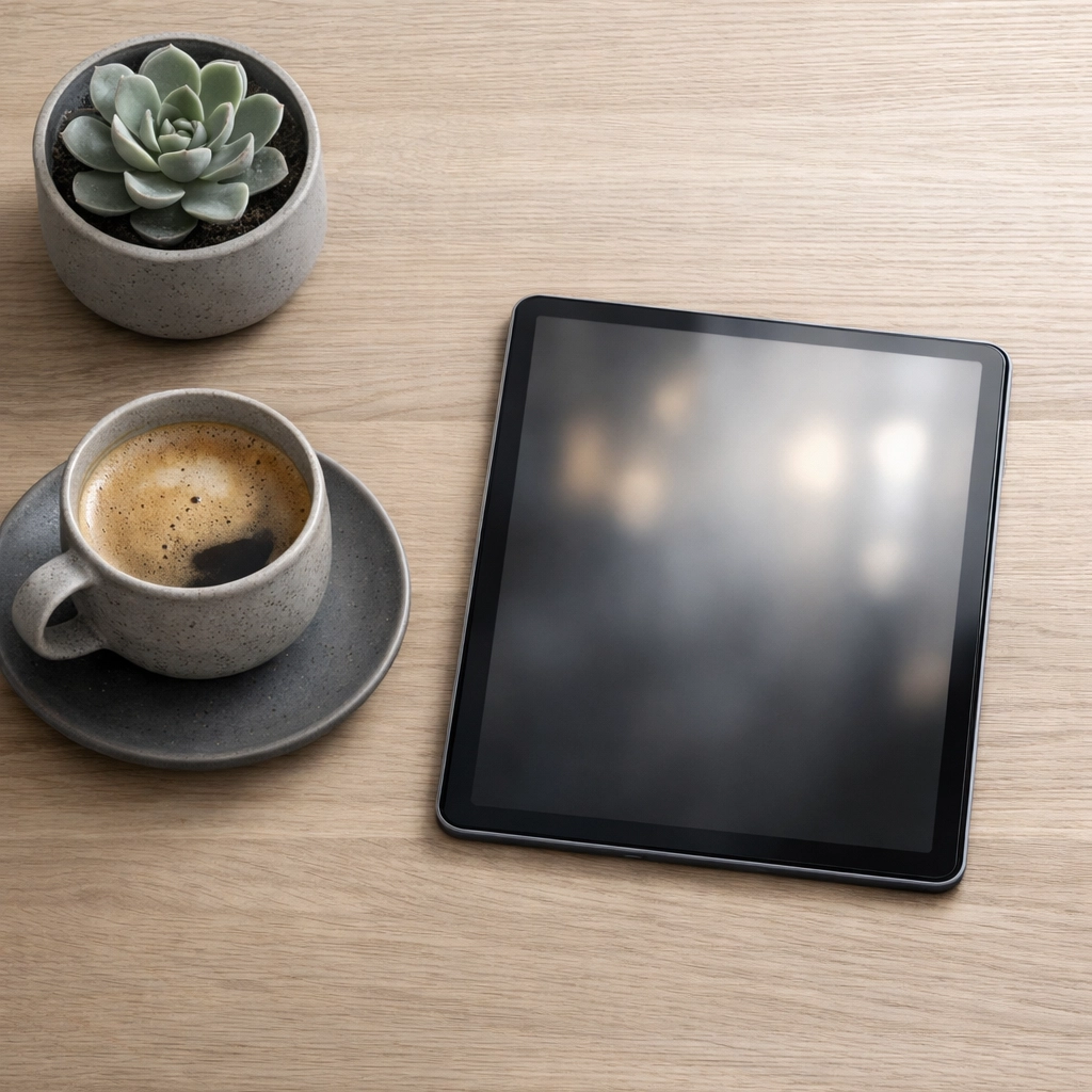 A minimalist workspace with a tablet, symbolizing data-driven insights from hotel management software.