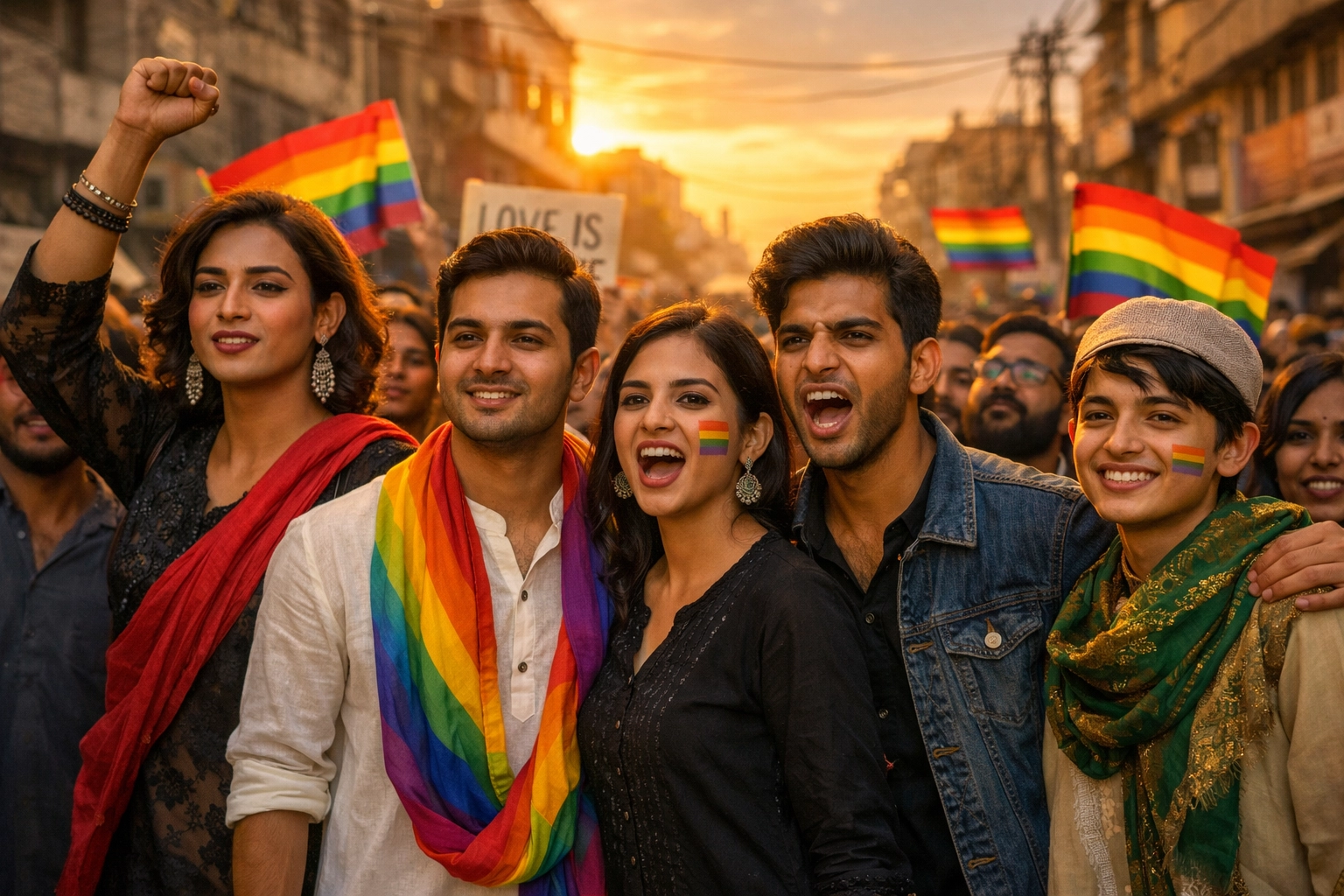 Courageous South Asian queer activists standing together during a public pride protest in Pakistan.