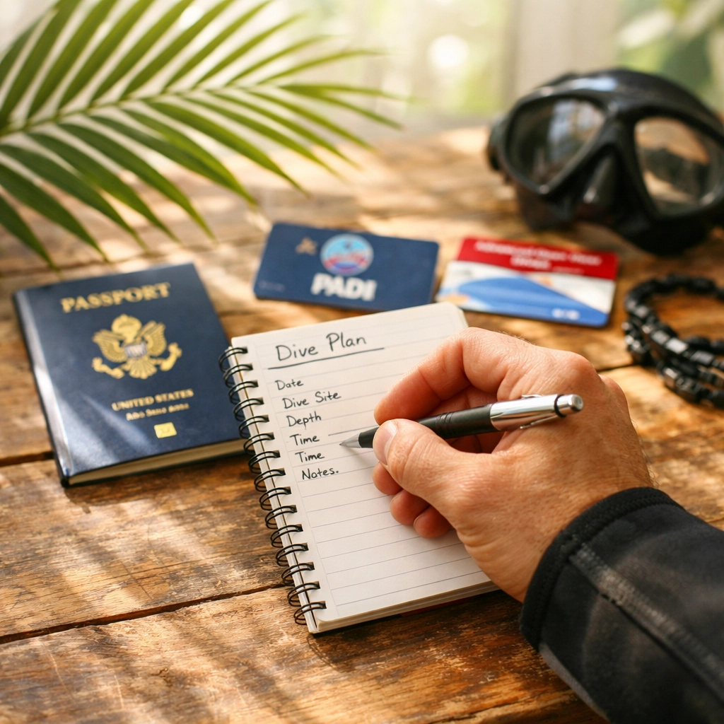 Scuba diver planning dive trip with notebook and travel documents on table