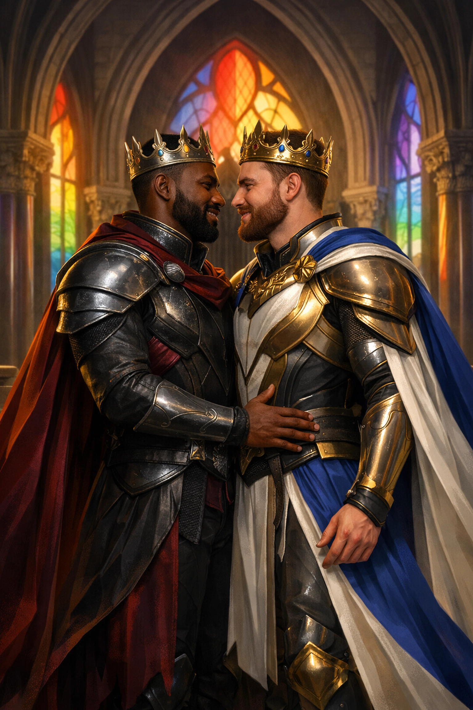 Two diverse kings standing together on a throne dais, representing the inclusive future of LGBTQ+ royal fiction.