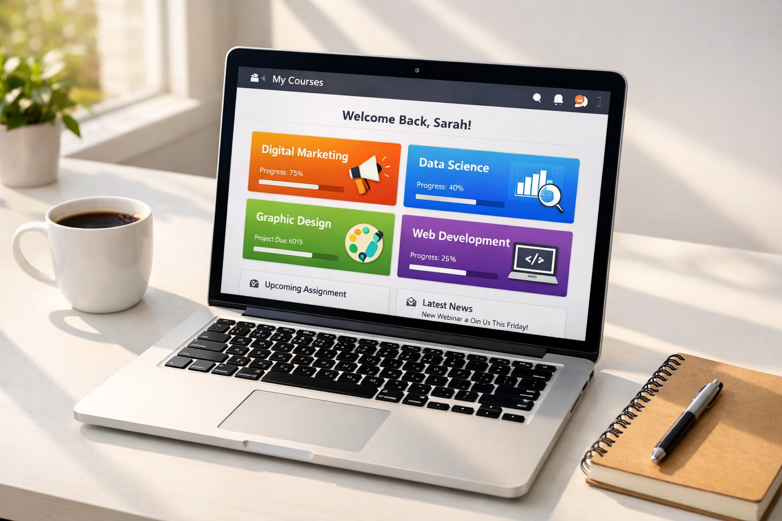 CLEP test prep dashboard on laptop showing course progress and study materials (1x1, center safe zone)