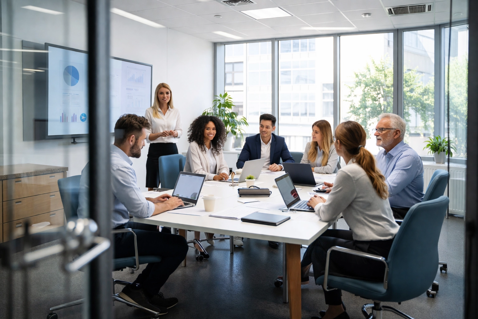 Team meeting in a modern conference room with focus on cleaning high-touch surfaces