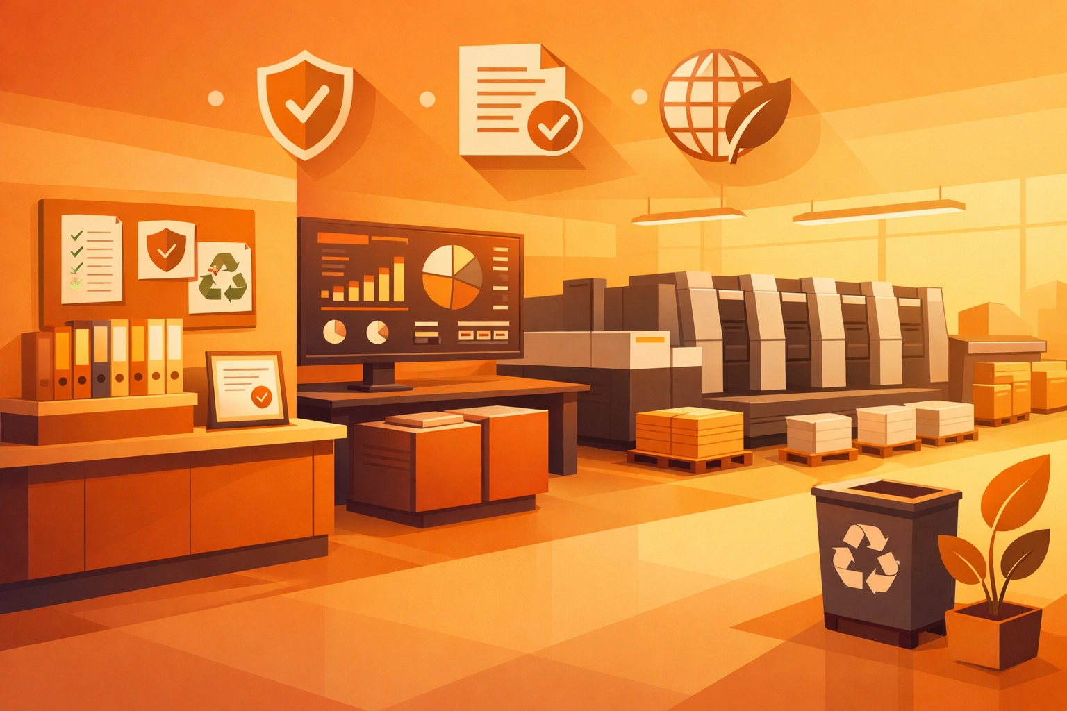 Organized printing facility with environmental compliance documentation systems