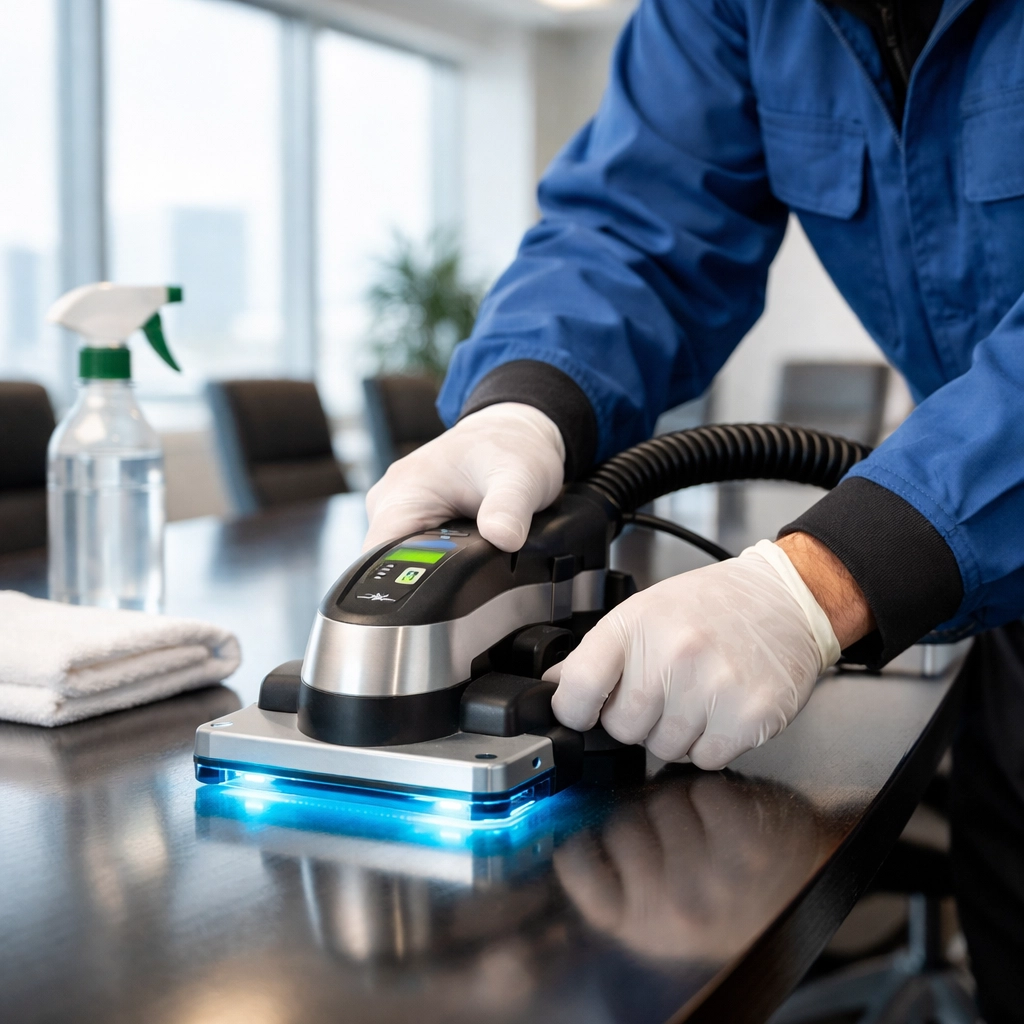 Detailed commercial cleaning in Simcoe County being performed in a modern boardroom for peak productivity.