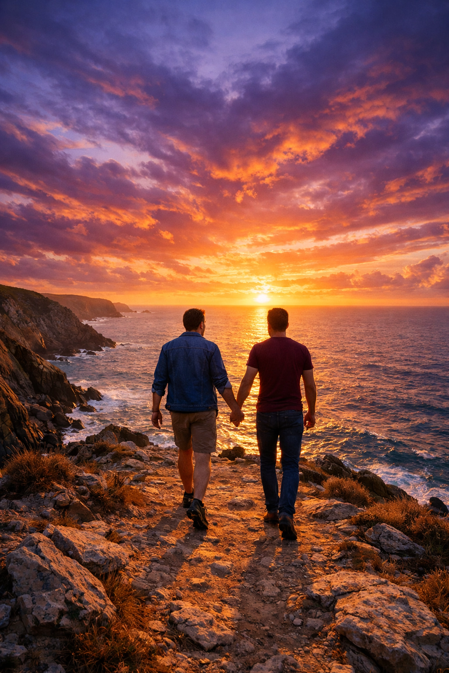 A resilient gay couple watching the sunset, symbolizing hope and a bright future living with HIV.