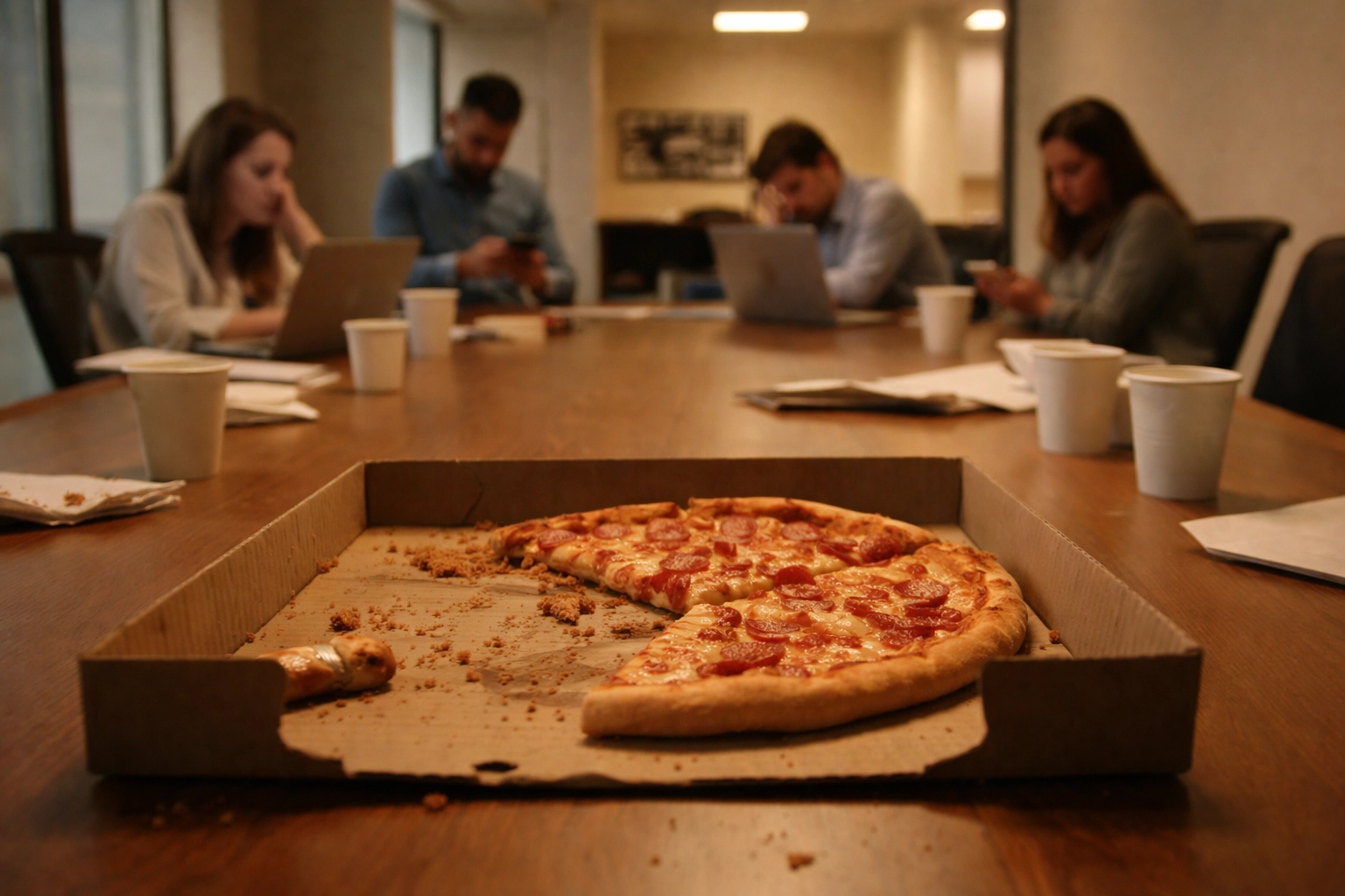 Disengaged employees sit around a table with a half-eaten pizza box, showing the limits of one-time perks in workplace wellness.