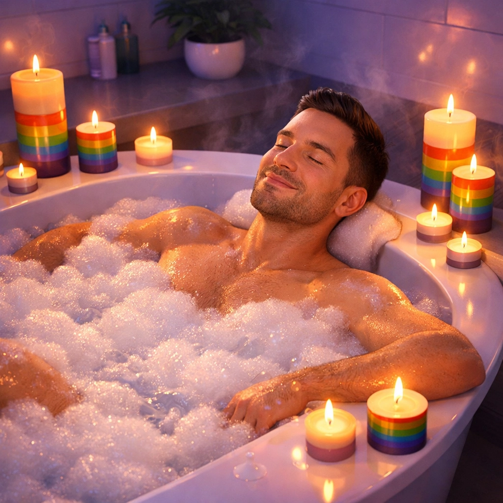 Single gay man enjoying relaxing bubble bath with candles - Valentine's Day self-care ritual