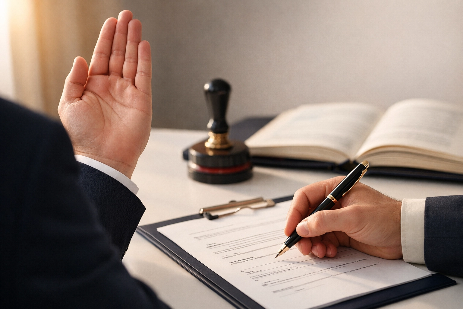 Person taking oath during jurat notarization with notary stamp and documents on desk