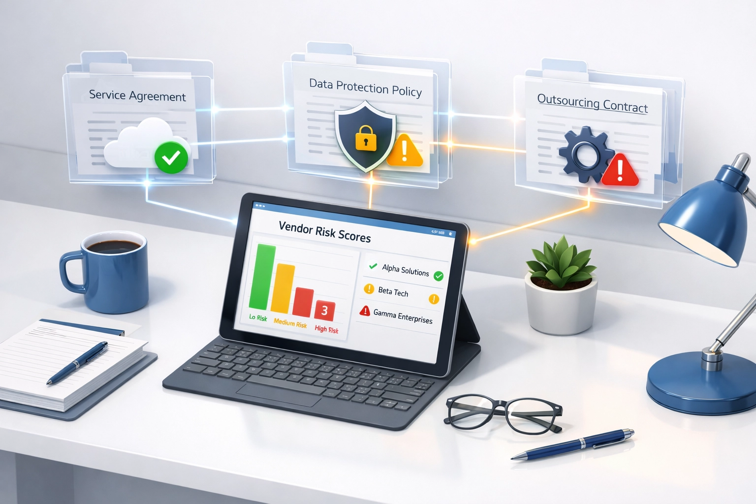 ServiceNow ITAM contract management dashboard with vendor risk scores and compliance tracking
