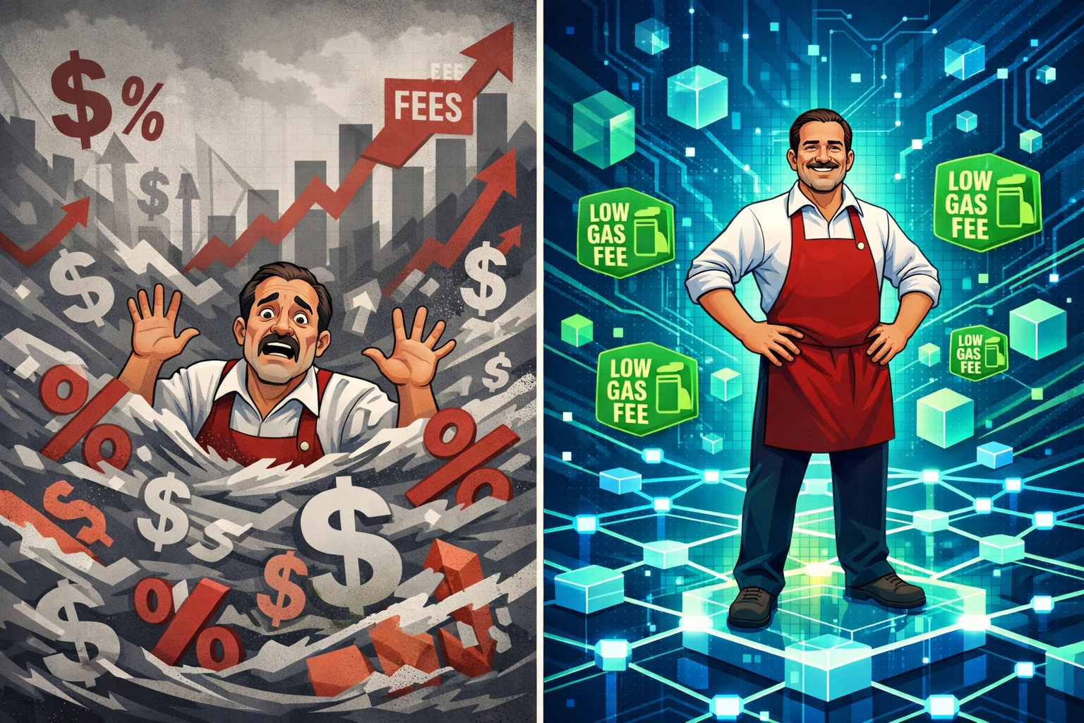 Merchant comparing traditional percentage fees versus blockchain gas-only payment model cost savings